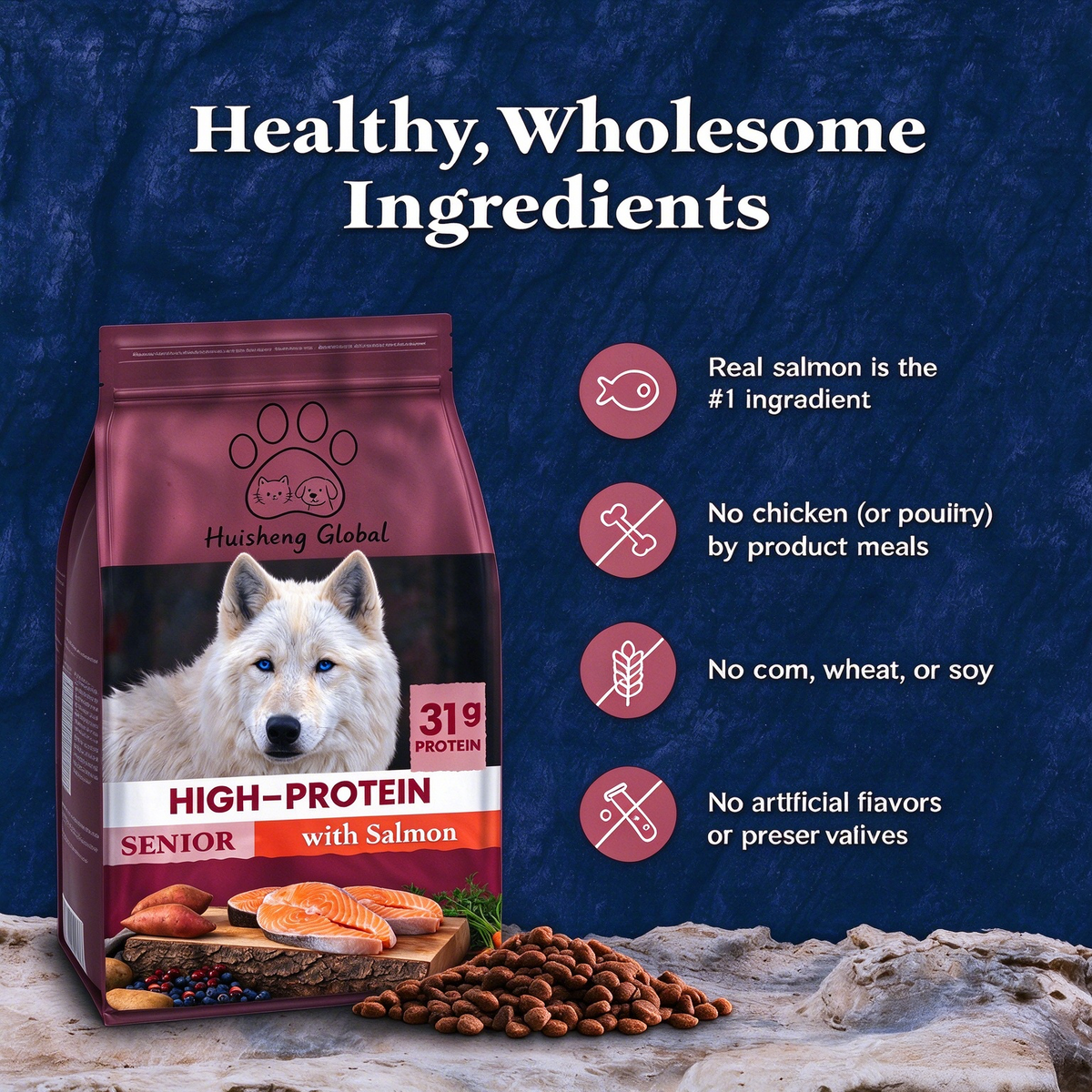 Huisheng Global Salmon & Wholesome Grains Senior Dry Dog Food 4.5lb （2 pack）